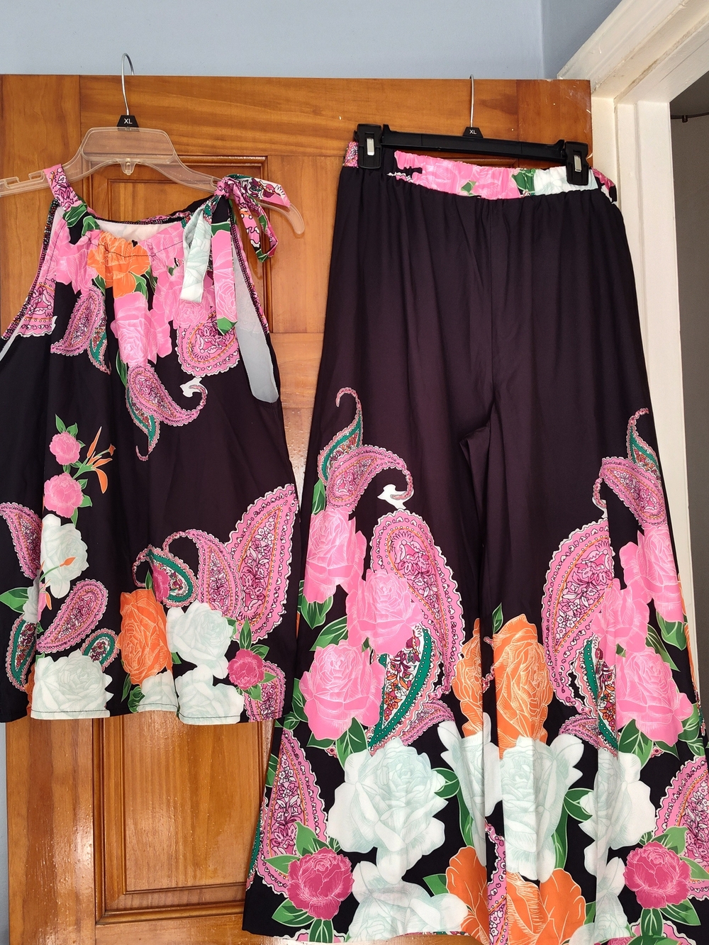SHEIN Black Wide-Leg Floral Paisley Pants with Pink, Orange & White Flowers